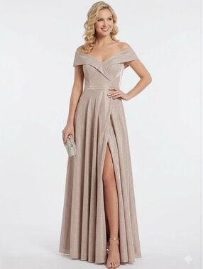 Size 16 - XSCAPE "Willow" Off-Shoulder Shimmery Champagne Evening Gown